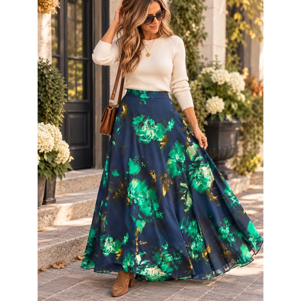 Simply Vera Vera Wang XXL Navy Green Floral Maxi Skirt Satin Full A-Line